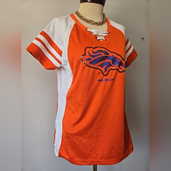 DENVER BRONCOS NFL Short Sleeve Jersey With Lace Up Neckline. Size Large - Picture 2 of 9